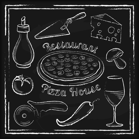 Set of white hand drawn tools for cooking and ingridients on black chalkboard vector illustrationのイラスト素材