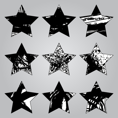Set of ink grunge stars shape on grey background vector illustration. Abstract stamps. Round brush circleのイラスト素材