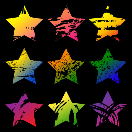 Set of colorful grunge stars shape with carved spots on white background vector illustration. Abstract stamps.のイラスト素材