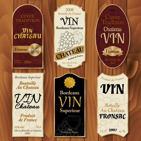 Set of vintage wine labels with hand-drawn details on wooden bacのイラスト素材