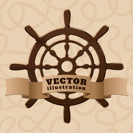 Brown wooden realistic helm with ribbon on curled rope backgrounのイラスト素材