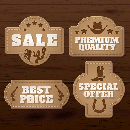 Vintage Wild West paper labels and badges set on wooden backgrouのイラスト素材