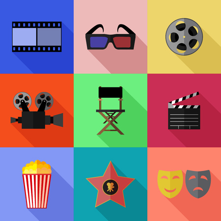Set of simple cinema flat icons on color square backgroundのイラスト素材