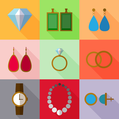 Set of simple jewelry icons flat on color squaresのイラスト素材