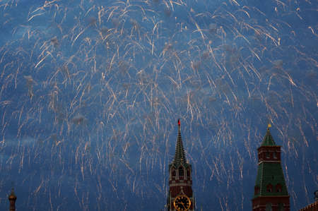 Fireworks over the Red Square in Moscow, Russia. The celebration of the Victory Day.の写真素材