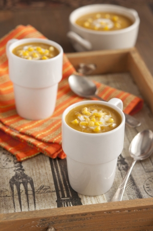 pumpkin soup in the white cupsの写真素材