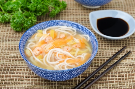 Chinese soup with noodles and vegetables horizontal closeupの写真素材