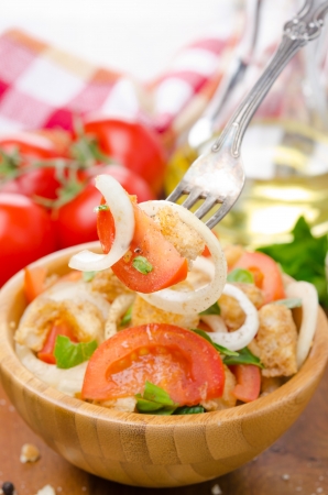 Italian salad panzanella with tomatoes, onions and croutons on a fork verticalの写真素材