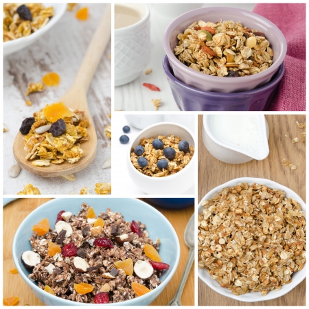 collage of five photos with granola closeupの写真素材