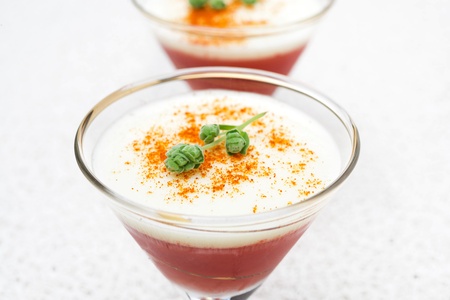 bilayer tomato panna cotta with smoked pepper and yogurt close-up, horizontalの写真素材