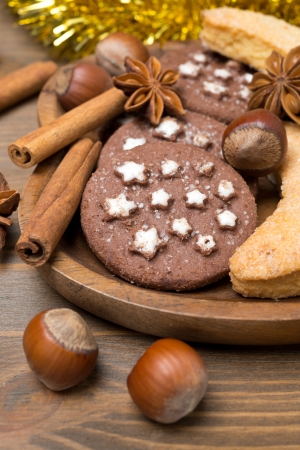 Christmas cookies, spices and nuts, close-up, verticalの写真素材