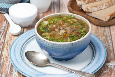 Mushroom soup with pearl barley in a bowl, close-upの写真素材