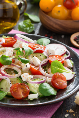 vegetable salad with feta cheese, verticalの写真素材