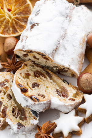 Christmas Stollen, cookies and spices, top view, verticalの写真素材