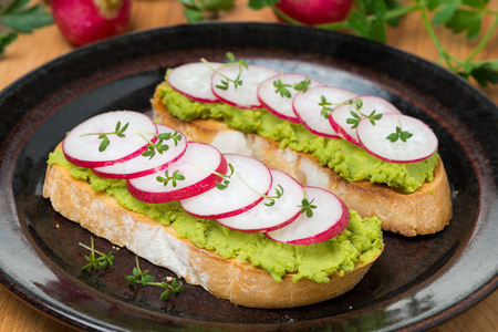 toasted ciabatta with pate of avocado and fresh radish on a plate, close-upの写真素材