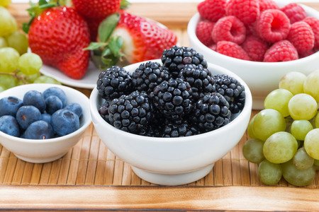 bowl of blackberries close-up and fresh berries, horizontal, close-upの写真素材
