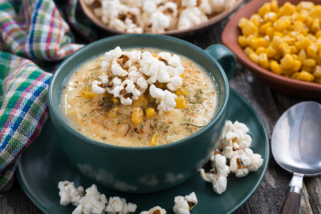 corn soup with popcorn, closeupの写真素材