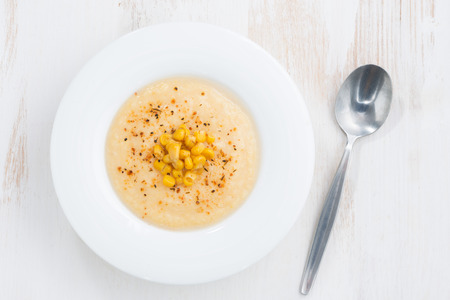 delicious corn soup, top view, horizontalの写真素材