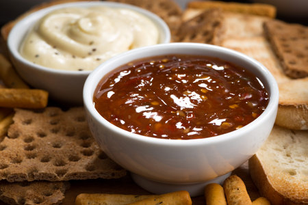 bread snacks and sauces, closeup