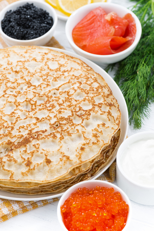 traditional Russian crepes, vertical, closeup, top viewの写真素材