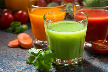 assortment of vegetable juices, closeup, horizontalの写真素材