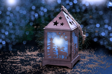 vintage decorative lantern in Christmas style, closeupの写真素材