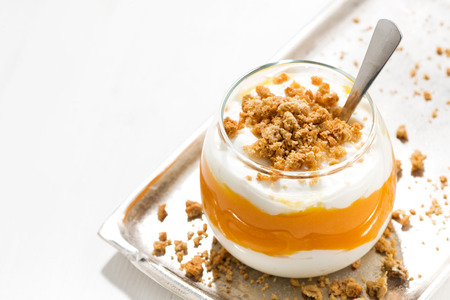 dessert with pumpkin, whipped cream and cookies, top view, closeupの写真素材