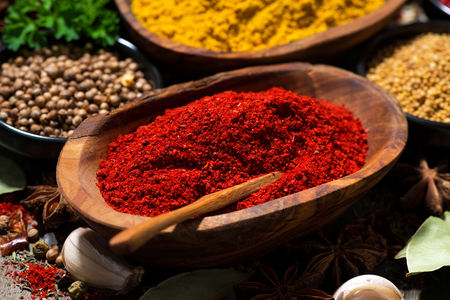 assortment of spices and herbs, closeup, horizontalの写真素材
