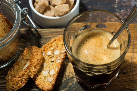 Italian dessert, espresso and cantucci cookies, top view closeupの写真素材