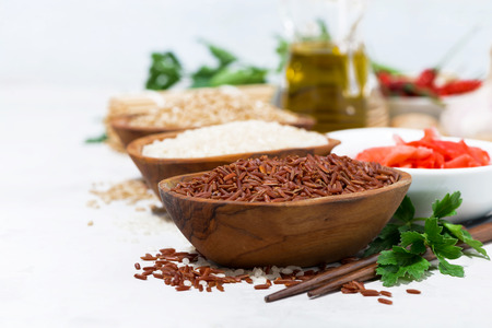 products for Japanese cuisine, rice, ginger and spices on white background, horizontalの写真素材