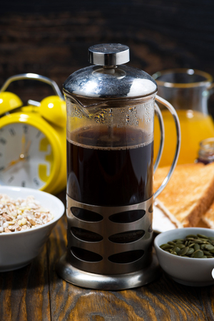 freshly brewed coffee and an assortment of breakfast foods, closeupの写真素材