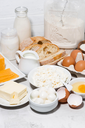 assortment of fresh dairy products on white background, closeupの写真素材