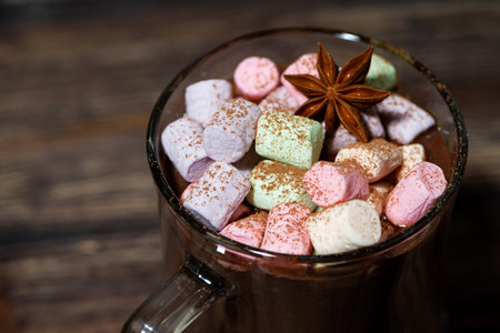 cup of hot chocolate with marshmallows, closeup horizontal