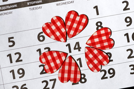 14 february on a calendar sheet and hearts, top viewの写真素材