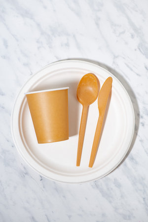 eco-friendly disposable tableware made from recycled materials, top viewの写真素材