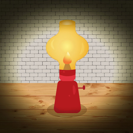 red kerosene lamp on the background of a brick wall on a wooden table in cartoon styleのイラスト素材