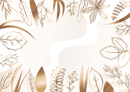 Minimalistic light background with golden flowers and plants, beautiful wallpaper, luxury background, delicate background, watercolorのイラスト素材