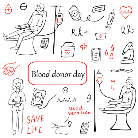 Doodle world blood donor day, vector set ,iconsのイラスト素材