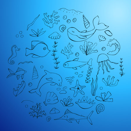 Vector set ocean day, marine life, coral reef, ocean in doodle styleのイラスト素材