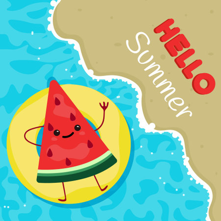 Summer card with watermelon on an inflatable circle in cartoon styleのイラスト素材