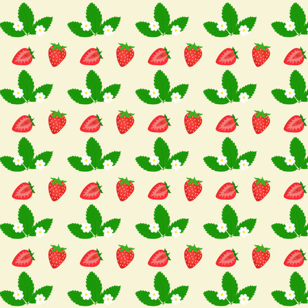 Seamless pattern with berries and leaves of strawberries, summer pattern with berries, berries, leaves and flowers of strawberriesのイラスト素材