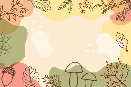 Autumn background with leaves, mushrooms, fall wallpaper with doodle hand drawn leavesのイラスト素材