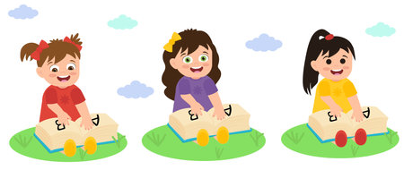 Girls with textbook sitting on the grass in cartoon style, cute girls illustrationのイラスト素材
