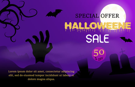 Flat horizontal sale banner template for halloween season celebration, halloween saleのイラスト素材