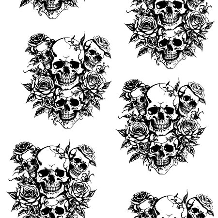 Seamless pattern with skulls and roses, tattoo sketchのイラスト素材