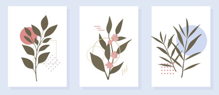 Plants and flowers in the Bauhaus style, patterns with simple geometryのイラスト素材