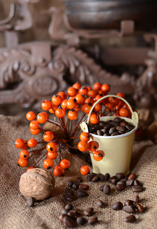 Pine nuts located on sackingの写真素材