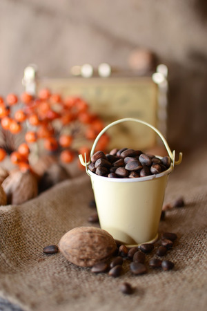 pine nuts and walnuts on sackingの写真素材