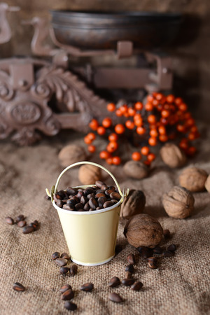 pine nuts and walnuts on sackingの写真素材