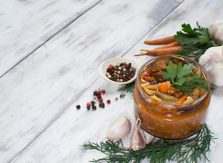 Eggplant salad (caviar) in the glass jarの写真素材